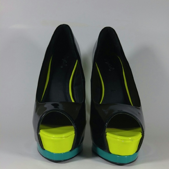 Neon Yellow and Blue Platform Heels - Picture 2 of 4