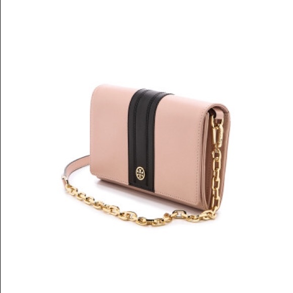 Tory Burch Robinson Stripe Chain Wallet Light Oak