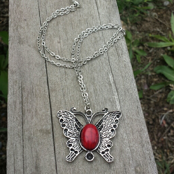 Antiqued Red Turquoise Butterfly Necklace - Picture 2 of 3