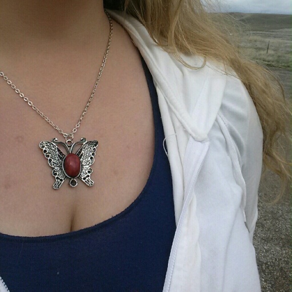 Antiqued Red Turquoise Butterfly Necklace - Picture 3 of 3