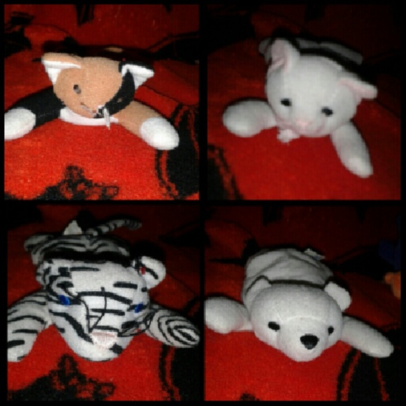 Beenie babies Two cats A polar bear A white tiger