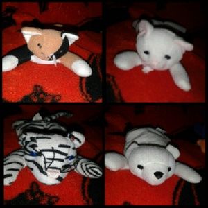 Beenie babies Two cats A polar bear A white tiger