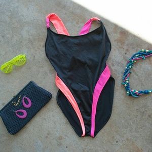 VINTAGE . amazing black + neon bathing suit