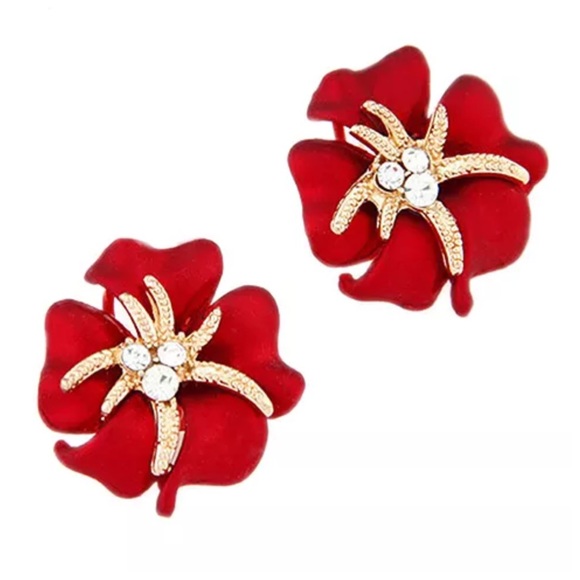 Hand Painted Red & Blue Crystal Flower Earrings - Picture 3 of 5