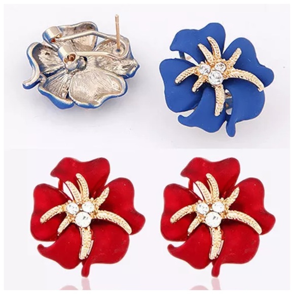 Hand Painted Red & Blue Crystal Flower Earrings - Picture 2 of 5