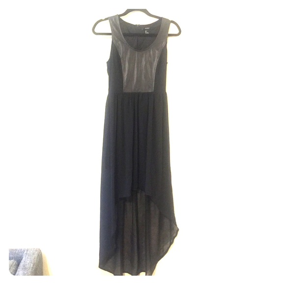 Chic Faux Leather Paneled High Low Black Dress