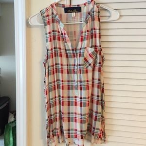 Silk, flannel-patterned tank top.