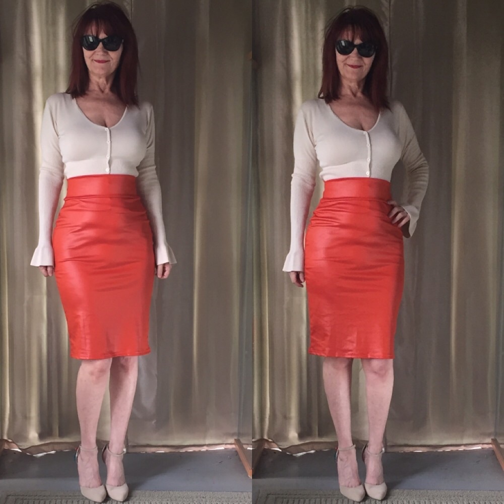NEW DEEP ORANGE FAUX LEATHER PENCIL SKIRT