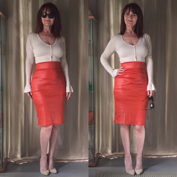 NEW DEEP ORANGE FAUX LEATHER PENCIL SKIRT - Picture 5 of 5