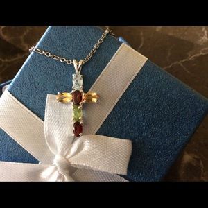 Brand New Genuine Multi Gemstone Cross Necklace