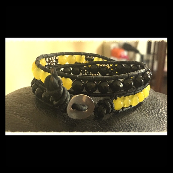 Leather Wrap Black & Yellow Gemstones
