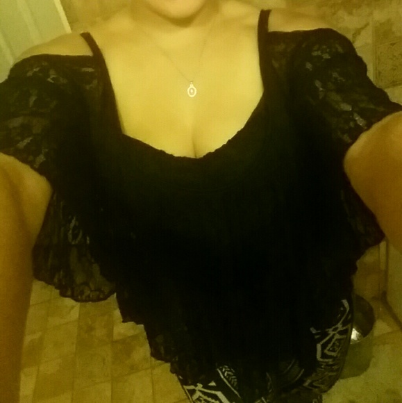 Black lace peek a boo shoulder top