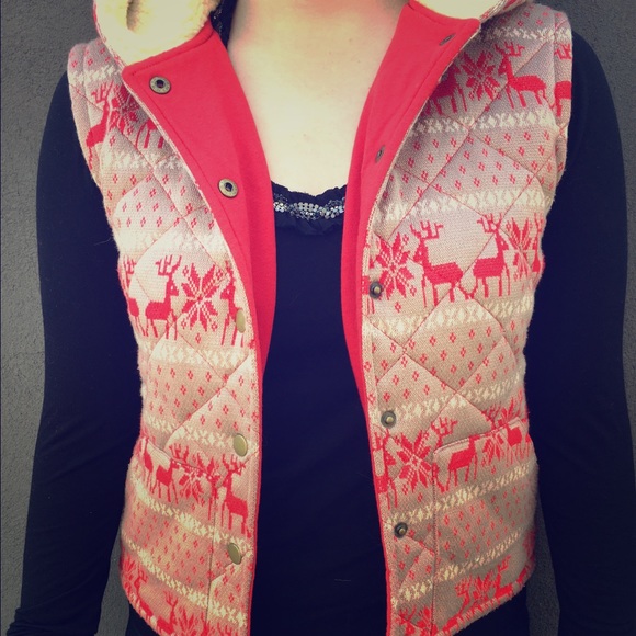 Free People Fleece Hooded Vest, Reindeer Pattern