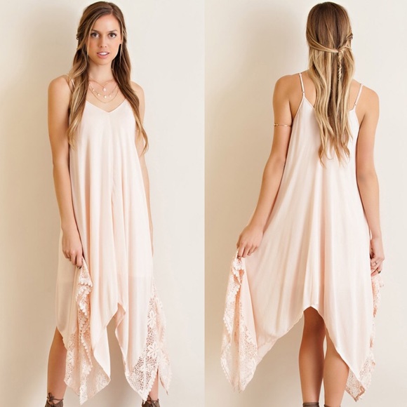 "Scythe" Lace Accent Handkerchief Hem Midi Dress - Picture 4 of 4