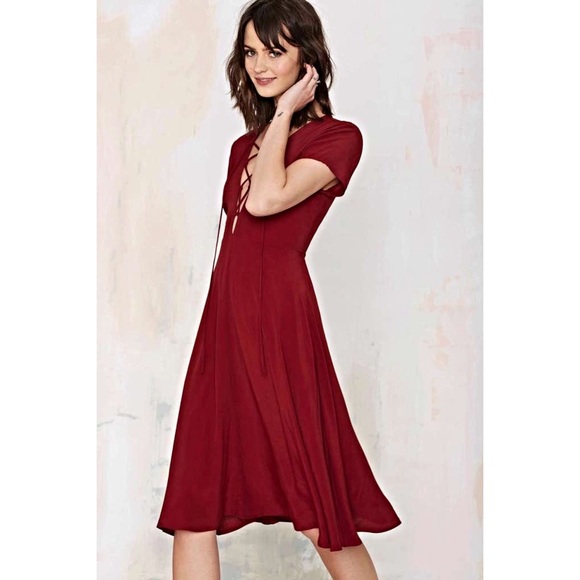Nasty Gal Burgundy Lace-Up Knee Length Dress - Picture 2 of 3