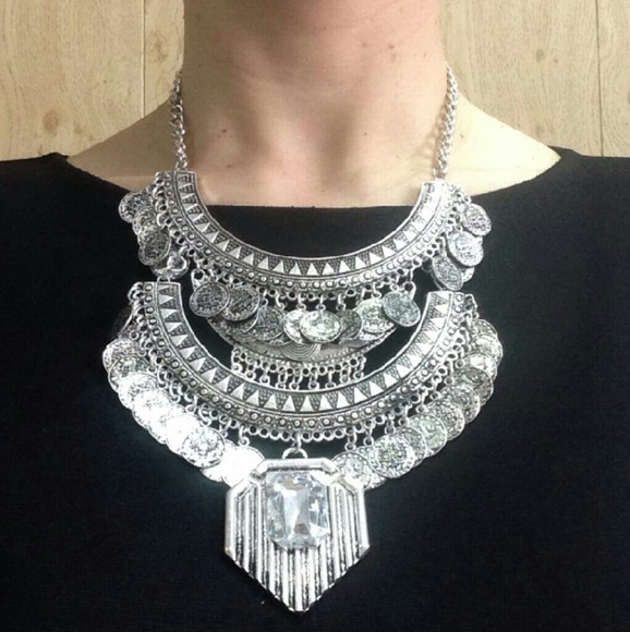Bohemian Silver Coins Statement Necklace