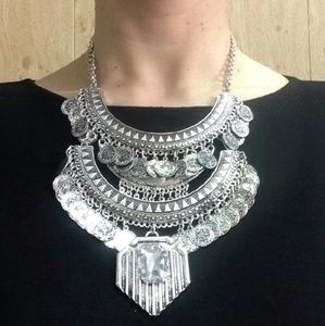 Bohemian Silver Coins Statement Necklace