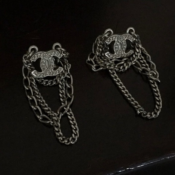 CHANEL Silvertone Dangling Chain Logo Earrings