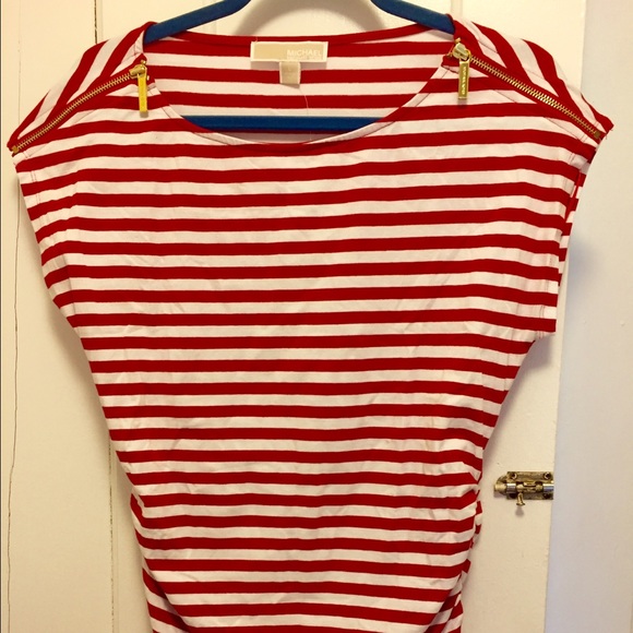 NWT Michael Kors Red and White Striped Tee L