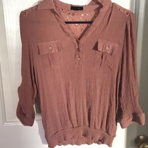 Button down shirt, lace in back, elastic on bottom