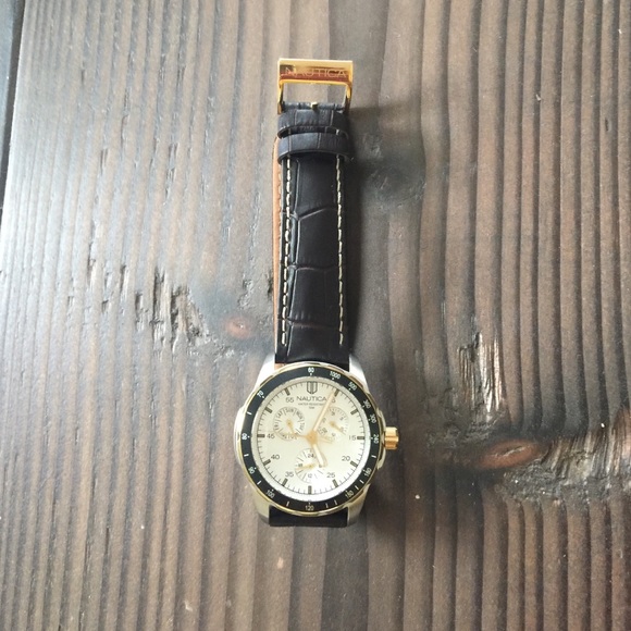New Nautica Leather Strap Gold Accent Watch