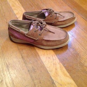Tan and Sparkly Pink Sperry Top-Sider Shoes.