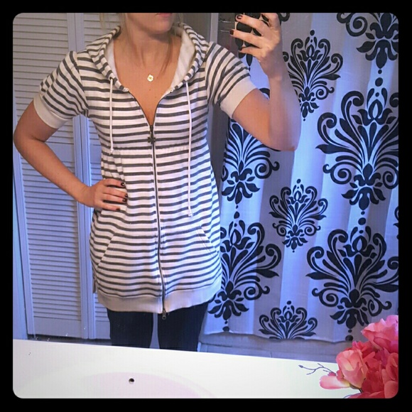 Free people striped short sleeve zip-up hoodie