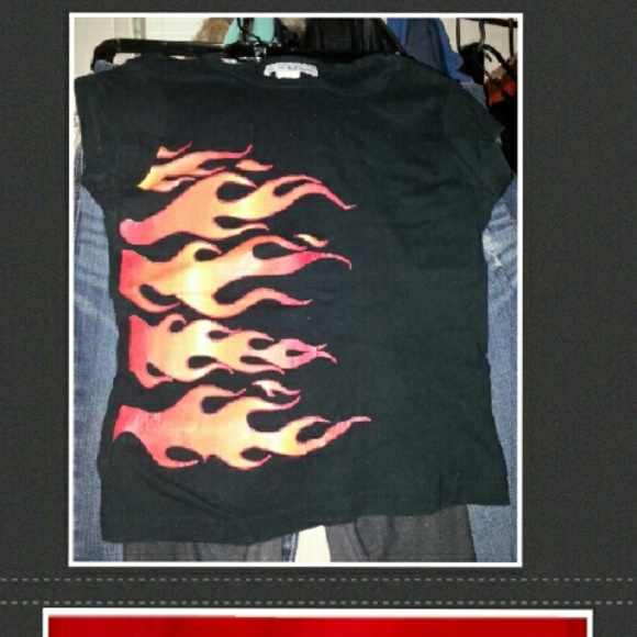 flame shirt and sneakers