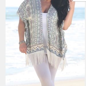 Blue Geometric Fringe Open Kimono
