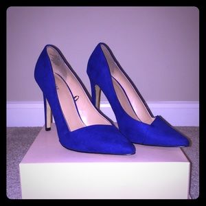 Blue Faux Suede Asymmetrical Pointed Toe Pump