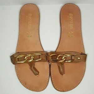 Italian Genuine Brown Leather Gold Chain Sandals!