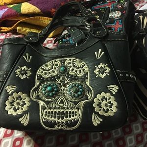 Embroidered sugar skull handbag