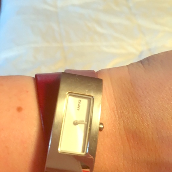 DKNY red leather wraparound strap watch