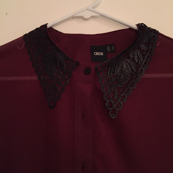 ASOS Burgandy Lace Collared Top - Picture 2 of 3