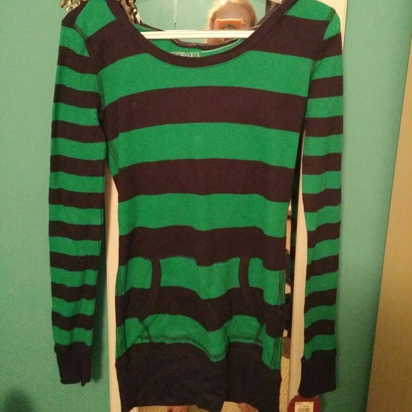 Navy and green striped hooded sweater