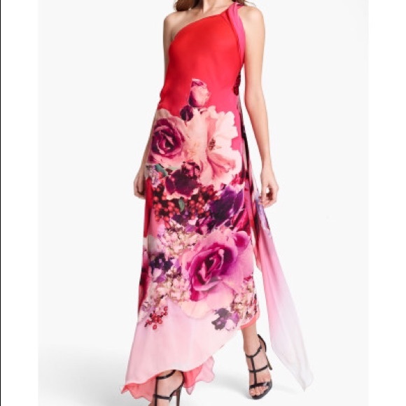 Red Veronique print one shoulder chiffon gown