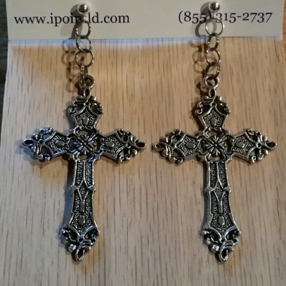 Large Dangling Silver Cross Fashion Earrings