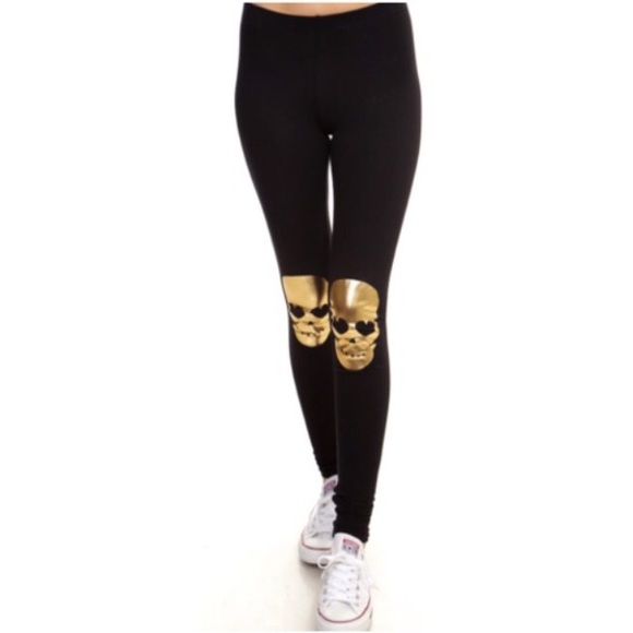 See You Monday Pants - Black Leggings w/Gold Foil Skull Knees NWOT
