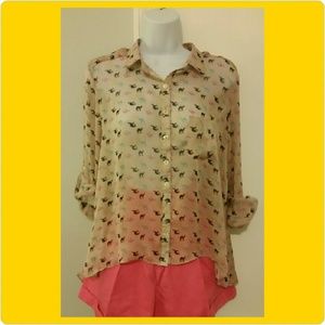 Camel print sheer high/low button down