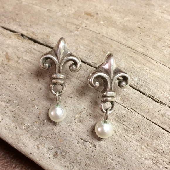 Brighton Silver Fleur-de-Lis Pearl Drop Earrings