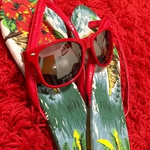 Beach Flip Flops & Red Sunglasses