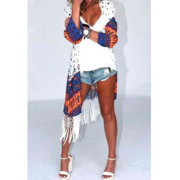 NEW LONG WHITE FRINGE FLORAL KIMONO!!