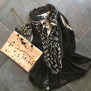 Black Lace and Tan Ruffle Blouse.