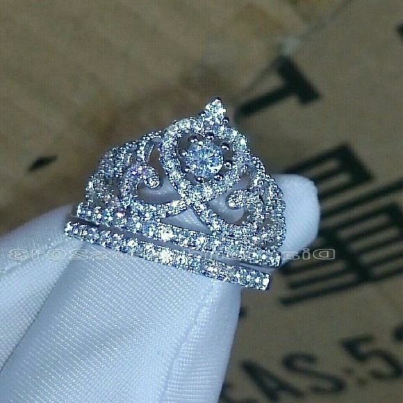 10k White Gold Topaz Cz Princess Crown Ring Set - Picture 2 of 4