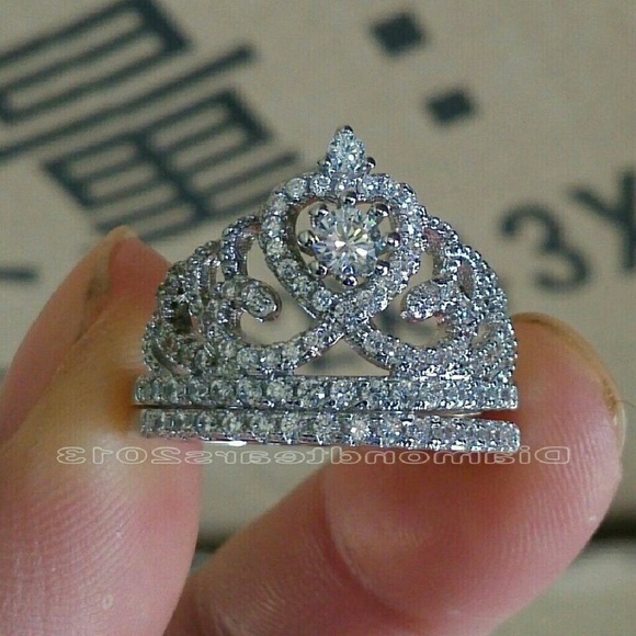 10k White Gold Topaz Cz Princess Crown Ring Set - Picture 4 of 4