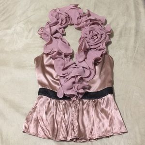 Bebe Silk Rosette Ruffles Halter Top Pink (Medium)