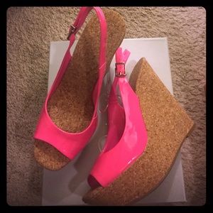 Jessica Simpson Neon pink cork wedges