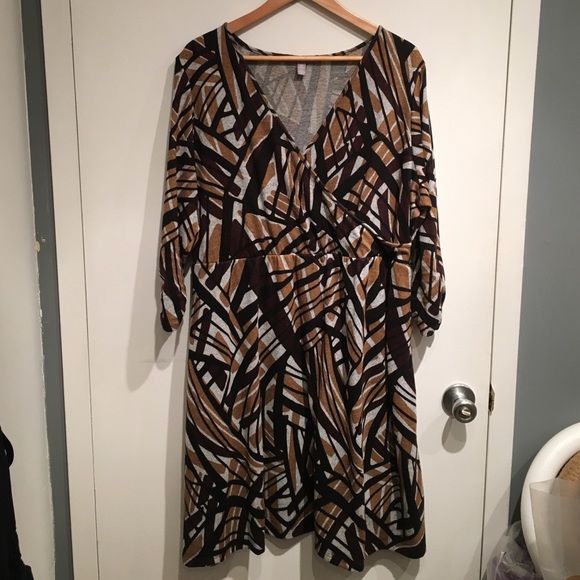 NY Collection brown/tan faux wrap sweater dress