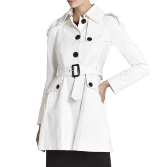 BCBGMaxazria white trench coat, with black buttons