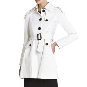 BCBGMaxazria white trench coat, with black buttons
